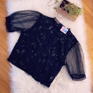 Black Lace Tulle Sleeve Blouse